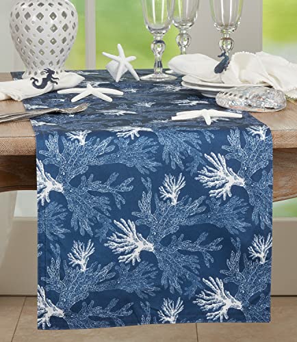 Fennco Styles Sea Coral Print Coastal Table Runner 16" W x 54" L - Navy Blue Sea Life Table Cover for Home, Dining Table Décor, Banquets, Family Gatherings, Everyday Use and Special Occasions