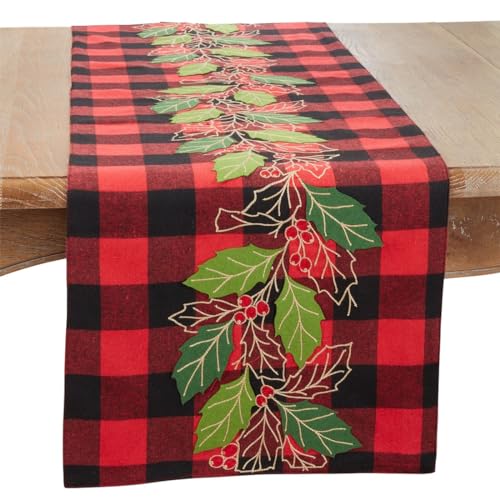 Fennco Styles Buffalo Plaid Holly Leaves Red Table Runner 16" W x 70" L - Red Festive Cotton Blend Table Cover for Christmas Décor, Winter Holidays, Dining Table, and Special Occasions