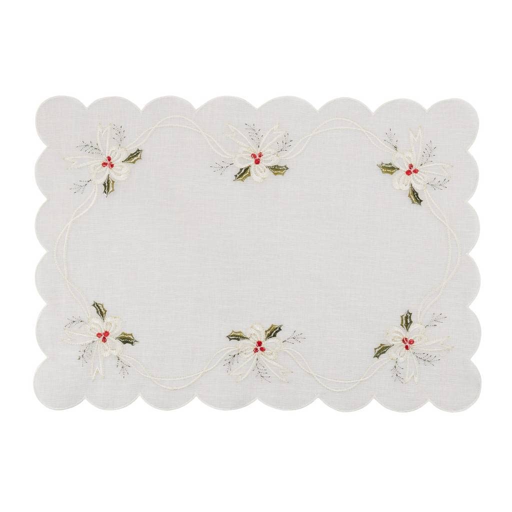 Fennco Styles Embroidered Holly & Ribbon Design Holiday Placemats 14" W x 20" L, Set of 4 - Natural Table Mats for Christmas, Winter Holidays, Home Décor, Banquet, Family Gathering, Special Occasion