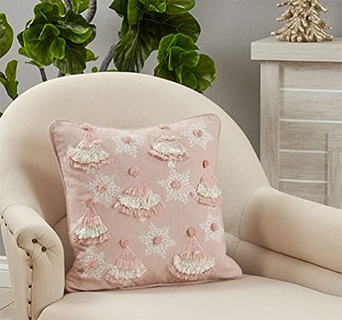 Fennco Styles Embroidered Tassel Trees & Snowflakes Cotton Throw Pillow 18" W x 18" L - Pink Holiday Cushion for Christmas, Home, Couch Décor and Special Occasion