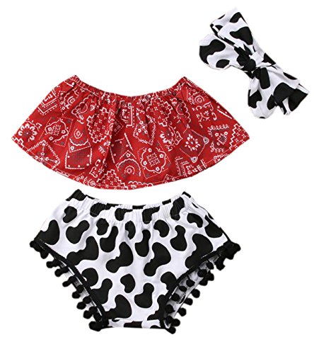 stylesilove Baby Girls Cowgirl Red Bandana Top with Pom Pom Trim Bloomers and Headband 3pcs Outfit
