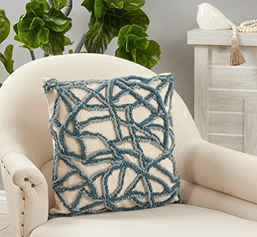 Fennco Styles Embroidered Cotton Decorative Throw Pillow 20" W x 20" L - Blue Cushion for Home, Couch, Living Room and Office Décor