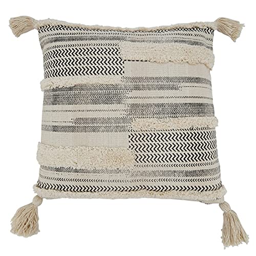 Fennco Styles Handmade Tufted Block Print Tassel Cotton Decorative Throw Pillow 20" W x 20" L - Natural Woven Square Cushion for Home, Couch, Living Room, Bedroom, Office and Holiday Décor