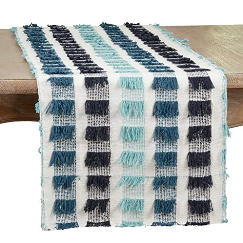 Fennco Styles Boho Striped Fringe Cotton Table Runner 16" W x 72" L – Blue Table Cover for Home, Dining Room, Banquets, Family Gathering and Special Occasion