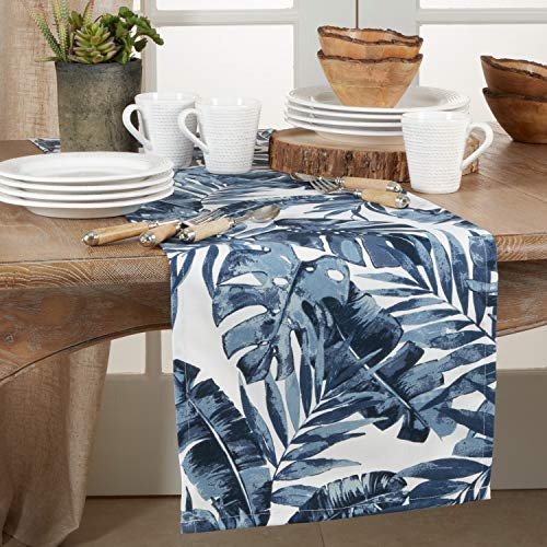 Fennco Styles Vibrant Tropical Leaf Design Table Runner 16 x 72 Inch - Navy Blue Table Cover for Home, Dining Room, Banquets, Spring Summer Event and Special Occasion