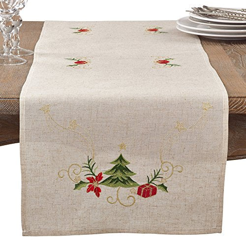 Fennco Styles Embroidered Christmas Tree Design Holiday Linen Blend Tablecloth