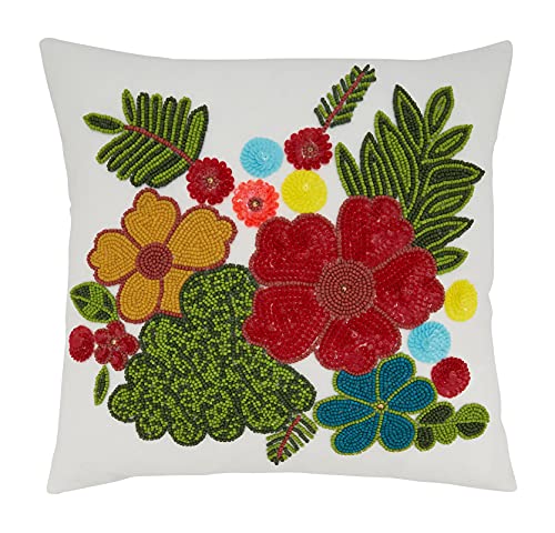 Fennco Styles Hand Beaded Flowers Cotton Throw Pillow 16" W x 16" L - Multicolored Floral Cushion for Home, Couch, Living Room, Seasonal Décor, Special Occasion