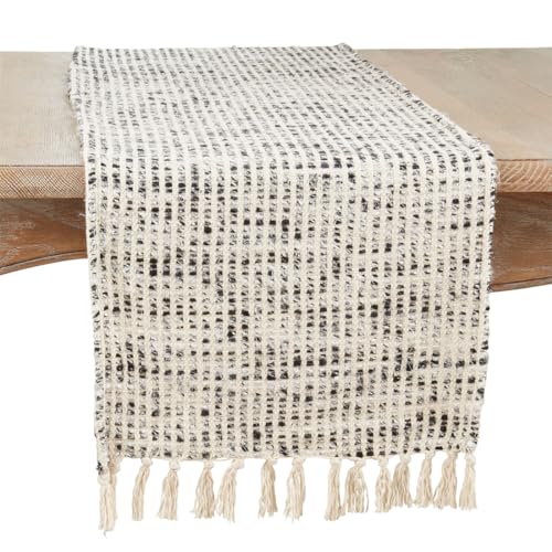 Fennco Styles Woven Textured Fringe Table Runner 16" W X 72" L - Grey Rayon Cotton Table Cover for Home Décor, Dining Table, Banquets, Family Gatherings and Special Events