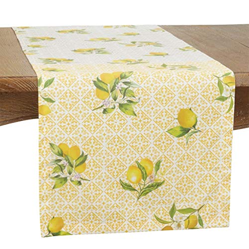 Fennco Styles Lemon Block Print Cotton Table Runner 16 x 72 Inch - Yellow Table Cover for Everyday Use, Dining Table Décor, Banquets, Family Gathering and Special Events