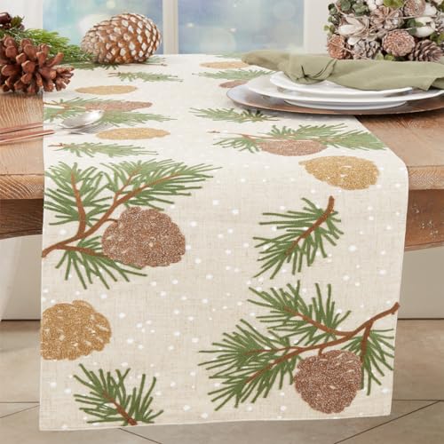 Fennco Styles Natural Pinecones Table Runner 16" W x 70" L - Woodland Christmas Table Cover for Home, Dining Room, Winter Holiday Décor, Banquets, and Special Events