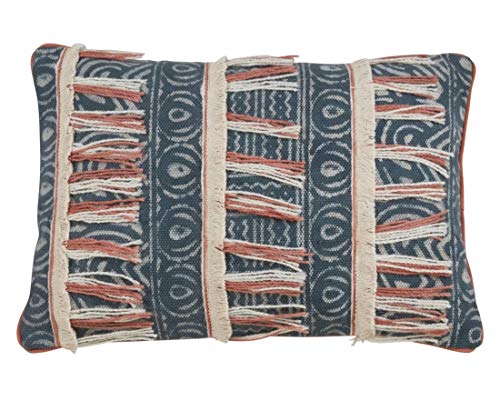 Fennco Styles Bohemian Block Print Embroidered Decorative Fringe Throw Pillow - Blue Cotton Pillow for Home, Couch, Bedroom Décor and Special Occasion