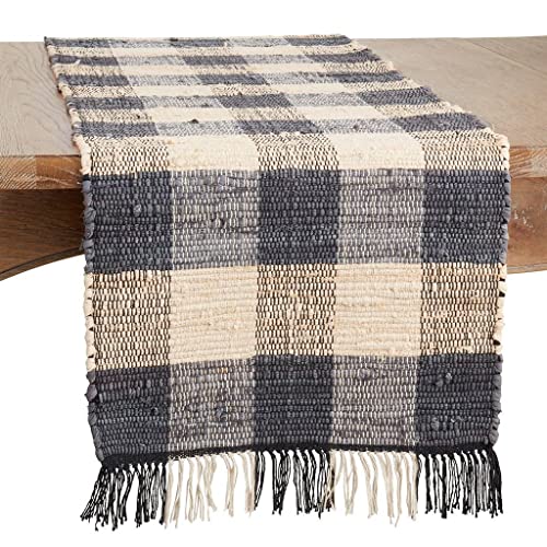 Fennco Styles Checkered Chindi Cotton Tassel Table Runner 16" W x 72" L - Navy Blue Woven Table Cover for Home, Dining Room, Banquets, Family Gatherings and Special Occasions