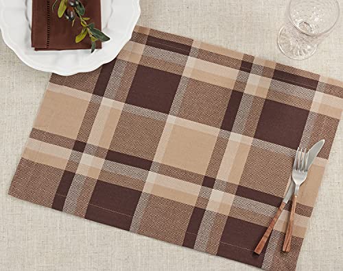 Fennco Styles Classic Plaid Design 100% Cotton Placemats 14" W x 20" L, Set of 4 - Brown Table Mats for Dining Table, Banquets, Holiday Season, Christmas and Special Occasion