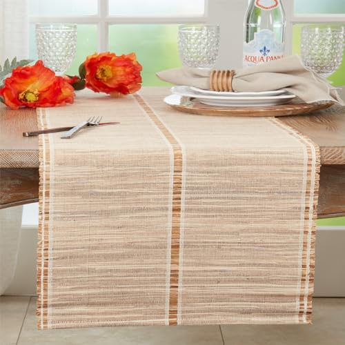 Fennco Styles Stripe Water Hyacinth Table Runner 16" W X 72" L - Natural Woven Table Cover for Dining Table, Dinner Party, Holidays, Home Decor, Special Events