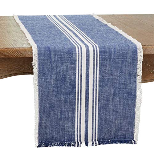 Fennco Styles Contemporary Striped Fringe Cotton Table Runner 13" W x 72" L - Blue Table Cover for Home, Dining Table Décor, Family Gathering, Banquets and Special Events