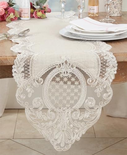 Fennco Styles Embroidered Lace Design Table Runner 16" W X 120" L - Natural Charming Table Cover for Everyday Use, Banquets, Weddings and Special Occasions