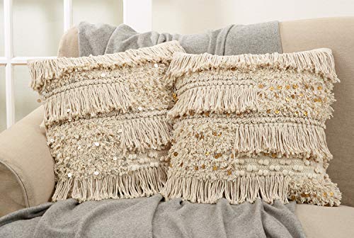 Fennco Styles Handira Collection Contemporary Morocca 100% Pure Cotton 18 x 18 Inch Decorative Throw Pillows with Case & Insert - Ivory Decor Pillows for Couch, Bedroom and Living Room Décor