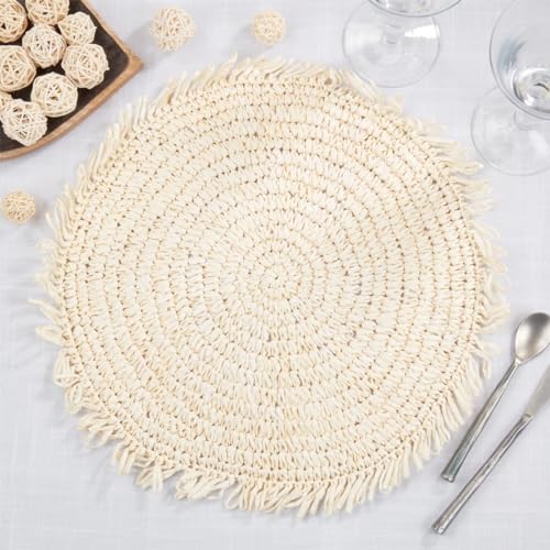 Fennco Styles Raffia Fringe Placemat 14" Round, Set of 4 - Black Woven Rustic Table Mat for Home, Dining Room, Banquets, Boho Decor, Family Gathering and Special Occasion