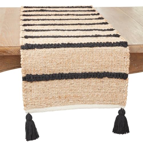 Fennco Styles Cotton Jute Woven Striped Tassel Table Runner 16" W x 72" L - Black Rustic Table Cover for Home Décor, Dining Table, Banquets, Family Gathering and Special Events