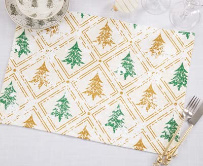 Fennco Styles Christmas Trees Cotton Table Runner 14" W x 72" L - Gold & Green Winter Tree Table Cover for Home, Dining Room, Holiday Décor, Banquets and Special Events