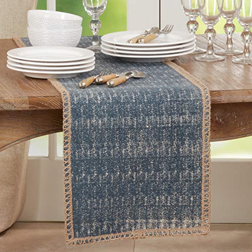 Fennco Styles Contemporary Jute Whipstitch Cotton Table Runner 13" W x 72" L - Denim Blue Table Cover for Home, Dining Table, Banquet, Family Gathering, Everyday Use and Special Occasion