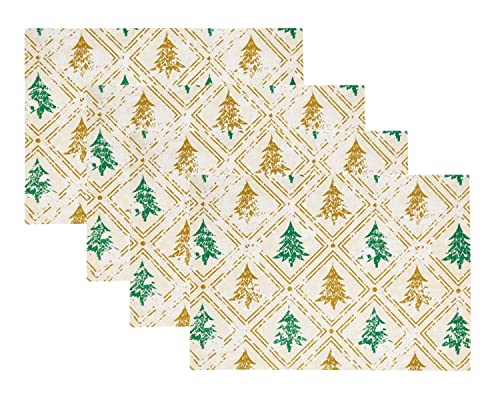 Fennco Styles Christmas Trees Cotton Table Runner 14" W x 72" L - Gold & Green Winter Tree Table Cover for Home, Dining Room, Holiday Décor, Banquets and Special Events