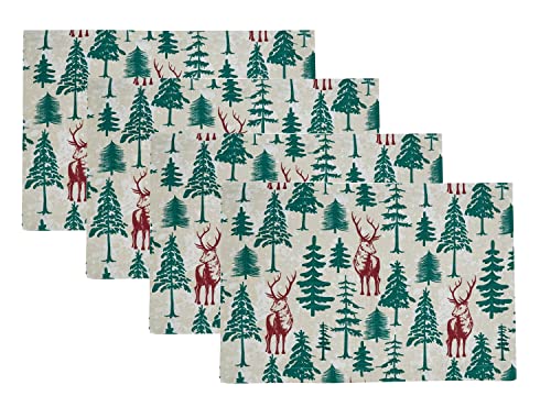 Fennco Styles Deer & Holiday Tree Christmas Cotton Table Runner 14"W x 72"L – Multicolor Woven Festive Table Cover for Winter Festivals, Holidays Décor, Banquets, Family Gatherings and Special Events