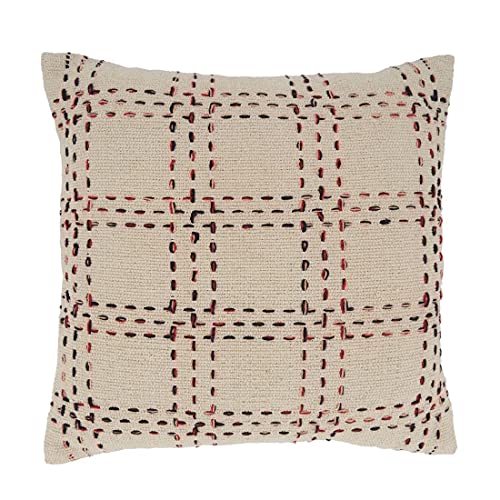 Fennco Styles Stitched Checker Cotton Decorative Throw Pillow 20" W x 20" L - Natural Square Cushion for Home, Couch, Living Room, Bedroom and Office Décor