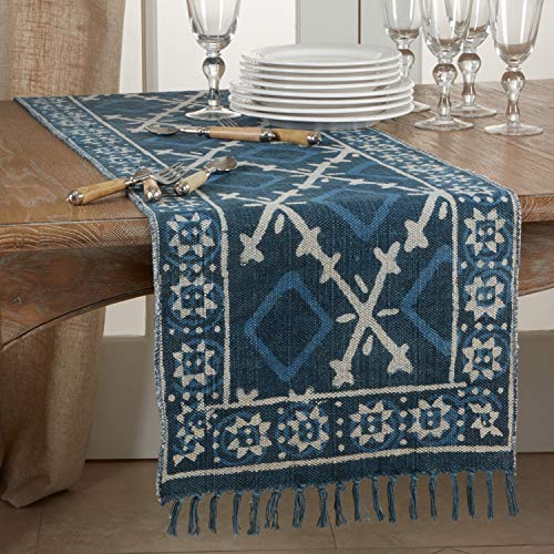 Fennco Styles Distressed Mud Cloth Tassel 100% Cotton Table Runner 16 x 72 Inch – Navy Blue Table Cover for Home Décor, Dining Table, Banquets, Holidays and Special Events