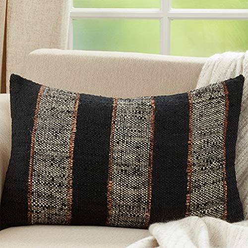 Fennco Styles Bold Striped Woven Cotton Decorative Lumber Throw Pillow Cover 16" W x 24" L - Black Cushion Case for Home, Couch, Bedroom, Living Room and Office Décor