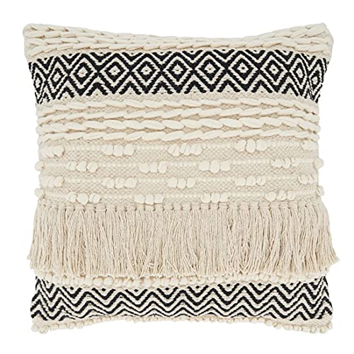 Fennco Styles Moroccan Fringe Cotton Decorative Throw Pillow 18" W x 18" L - Natural Square Cushion for Home, Couch, Living Room, Bedroom, Office and Holiday Décor