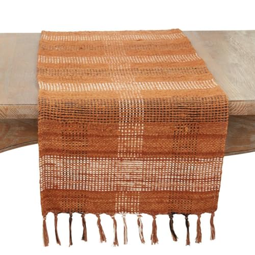 Fennco Styles Rustic Plaid Fringe Cotton Blend Table Runner with Fringe 16" W x 72" L - Rust Woven Table Cover for Home, Dining Room, Banquets, Family Gatherings, and Special Occasion