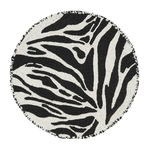 Fennco Style Safari Charm Beaded Zebra Placemat 14" Round, 1-Piece - Black & White Glam Animal Pattern Table Mat for Home Décor, Family Gatherings, Birthdays and Special Events