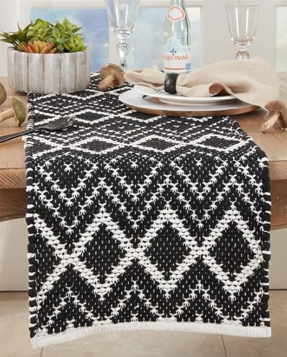 Fennco Styles Handcrafted Diamond Chindi Table Runner 16" W x 72" L - Black Geometric Rectangular Cotton Blend Table Cover for Boho Décor, Dining Table, Banquets, Family Gatherings