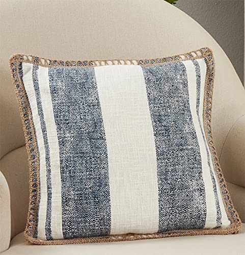 Fennco Styles Striped Whipstitch Cotton Jute Decorative Throw Pillow 18" W x 18" L - Woven Cushion for Home, Couch, Office, Bedroom and Living Room Décor