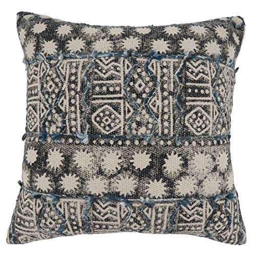 Fennco Styles Embroidered Block Print Cotton Decorative Throw Pillow 20" W x 20" L - Blue Cushion for Christmas, Holiday, Home, Couch, Living Room and Office Décor