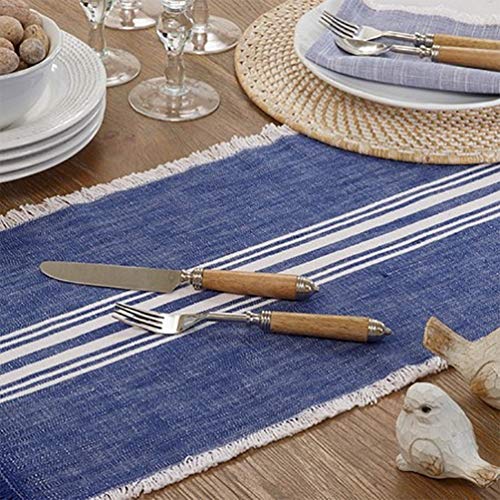 Fennco Styles Contemporary Striped Fringe Cotton Table Runner 13" W x 72" L - Blue Table Cover for Home, Dining Table Décor, Family Gathering, Banquets and Special Events