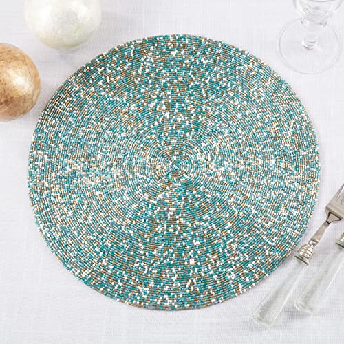 Fennco Styles Hand Beaded Aqua Placemat 15" Round, 1- Piece - Delicate Glass Bead Table Mat for Home Décor, Family Gathering, Banquets, Christmas and Special Occasion