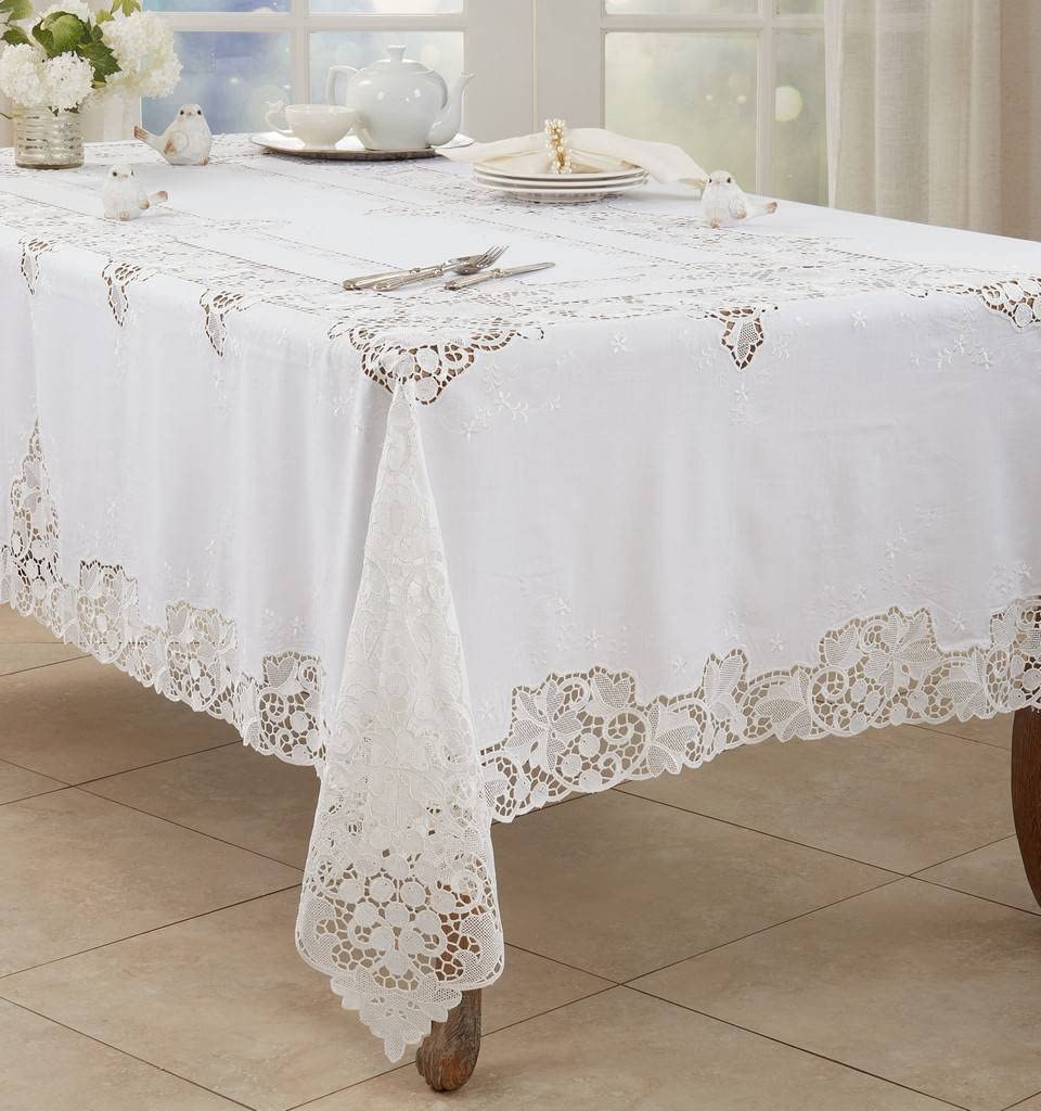 Fennco Styles Elegant Lace Design Tablecloth 67 x 102 Inch - White Vintage Table Cover for Everyday Use, Banquets, Weddings, Holidays and Special Occasions