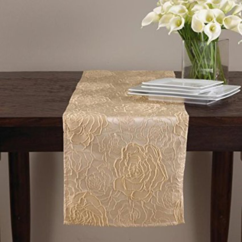 Fennco Styles St. Claire Rose Design Elegant Champagne Table Runner 14"x72" Rectangular