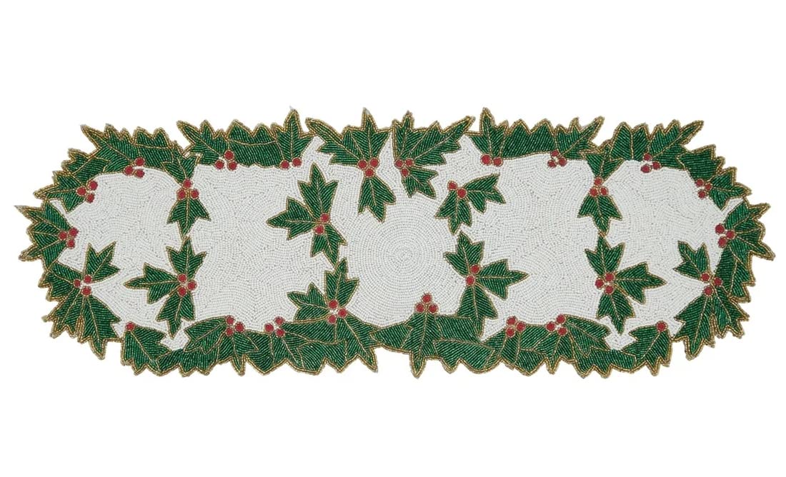 Fennco Styles Hand Beaded Holly Design Table Runner 13" W x 36" L - White/Green Christmas Table Cover for Home Décor, Holidays, Family Gatherings, Banquets and Special Occasion