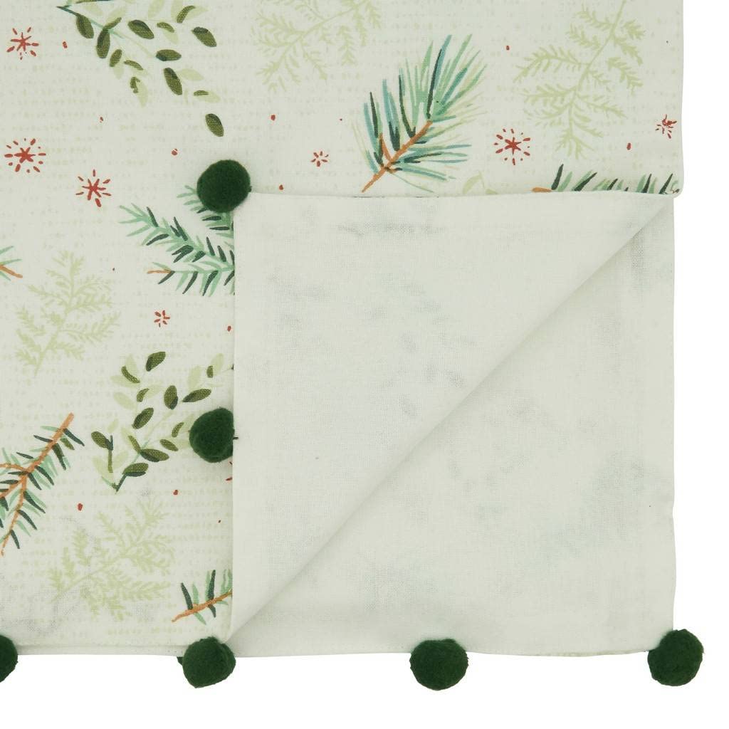 Fennco Styles Christmas Foliage Cotton Table Runner 16" W x 72" L - Green Pom Pom Festive Table Cover for Home, Dining Room, Winter Holiday Décor, Banquets, and Special Events