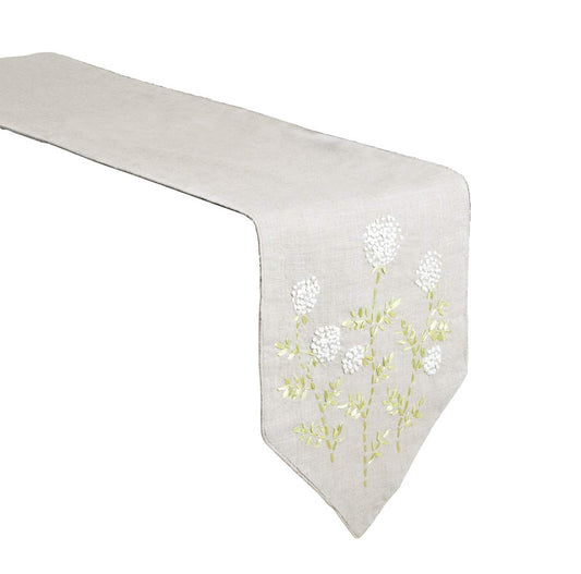 Fennco Styles French Knots Ribbon Embroidered Flower V-Shaped Table Runner 14" W X 72" L, Natural