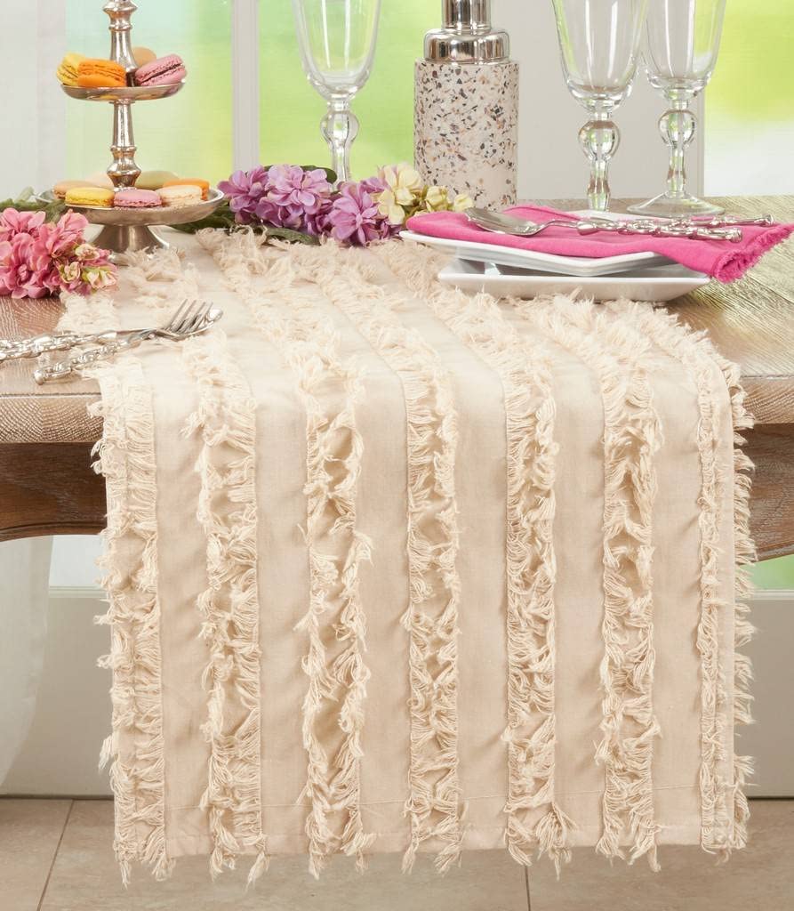 Fennco Styles Fringe Striped Modern Cotton Linen Table Runner 16”W x 72" L - Woven Table Cover for Home Décor, Dining Table, Banquets, Holidays and Special Occasions