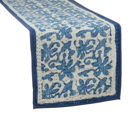 Fennco Styles Unique Floral Kantha Stitch Cotton Table Runner 14 x 72 Inch – Indigo Blue Table Cover for Home Décor, Dining Table, Banquets, Holidays and Special Events