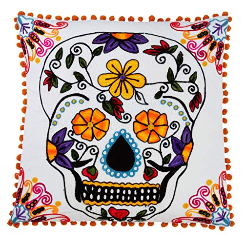 Fennco Styles Día de Los Muertos Collection Pompom Trim Variety Design Embroidered 18 x 18 Inch Throw Pillow and Case – Multicolor Pillow and Case for Couch, Bedroom and Living Room Décor