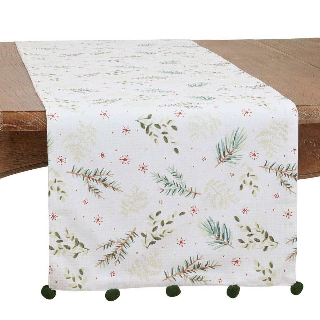 Fennco Styles Christmas Foliage Cotton Table Runner 16" W x 72" L - Green Pom Pom Festive Table Cover for Home, Dining Room, Winter Holiday Décor, Banquets, and Special Events