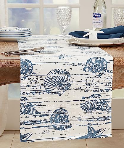 Fennco Styles Nautical Seashell Design Cotton Table Runner 14" W X 54" L – Indigo Coastal Prints Table Cover for Dining Room Decor, Everyday Use, Summer Gathering, Banquets, and Special Occasions