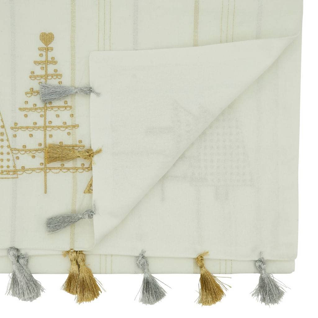 Fennco Styles Embroidered Christmas Trees Tassel Cotton Table Runner 16" W x 72" L - Gold Metallic Woven Table Cover for Home, Dining Room, Banquets and Christmas Décor