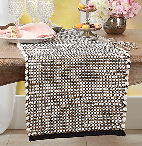 Fennco Styles Rustic Seagrass Cotton Woven Table Runner 16 x 72 Inch - Black & White Table Cover for Home, Dining Room, Banquets, Family Gathering and Special Occasion